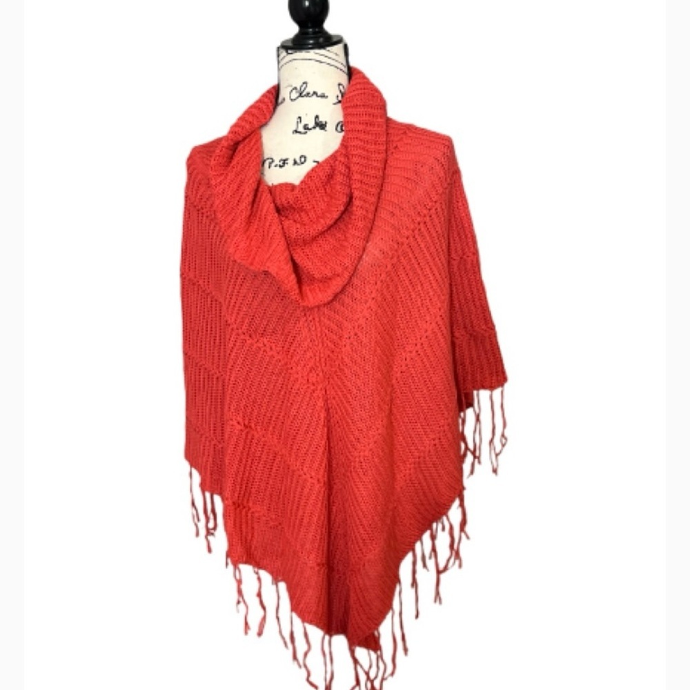 Women’s Mia Maddison Boho Orange‎ Crochet Cowl Neck Poncho with Fringe tassels